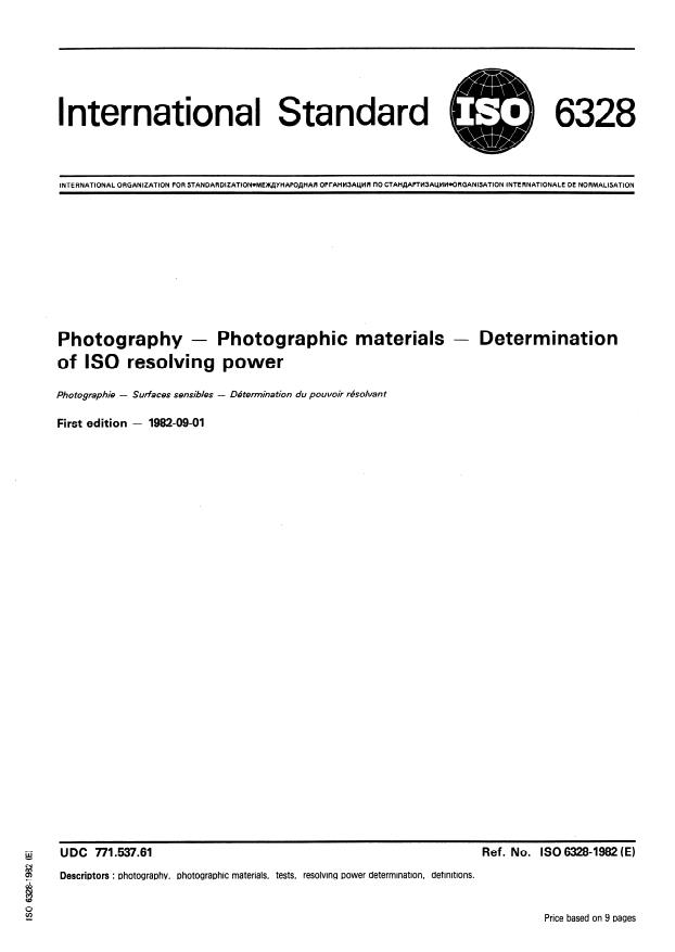 ISO 6328:1982 - Photography -- Photographic materials -- Determination of ISO resolving power