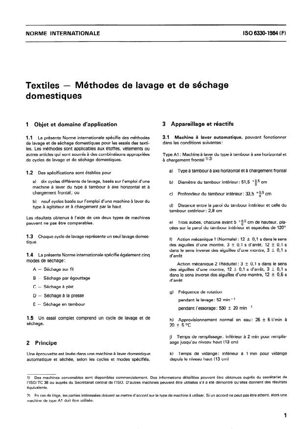 ISO 6330:1984 - Textiles -- Méthodes de lavage et de séchage domestiques