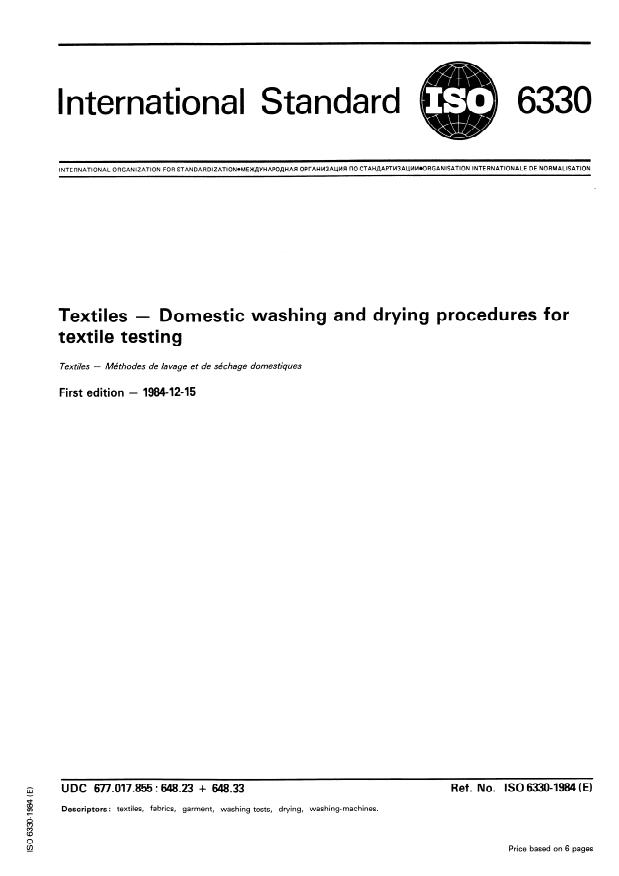 ISO 6330:1984 - Textiles -- Domestic washing and drying procedures for textile testing
