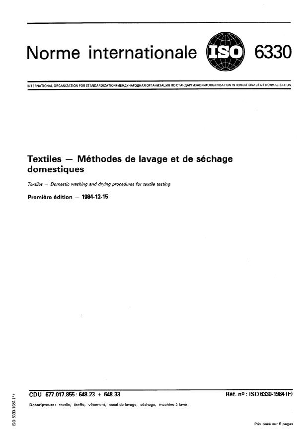 ISO 6330:1984 - Textiles -- Méthodes de lavage et de séchage domestiques