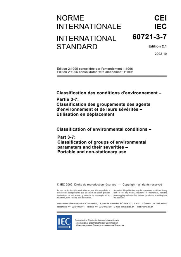 IEC 60721-3-7:1995+AMD1:1996 CSV - Classification of environmental conditions - Part 3-7: Classification of groups of environmental parameters and their severities - Portable and non-stationary use