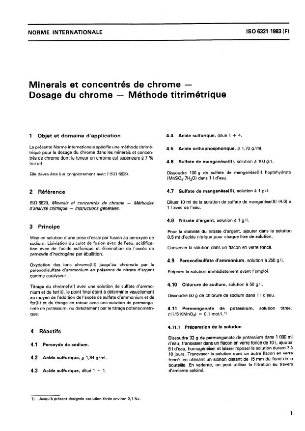 ISO 6331:1983 - Minerais et concentrés de chrome -- Dosage du chrome -- Méthode titrimétrique
