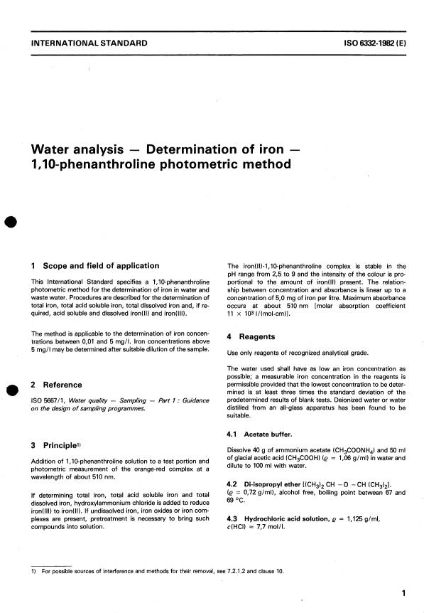 ISO 6332:1982 - Water analysis -- Determination of iron -- 1,10-phenanthroline photometric method