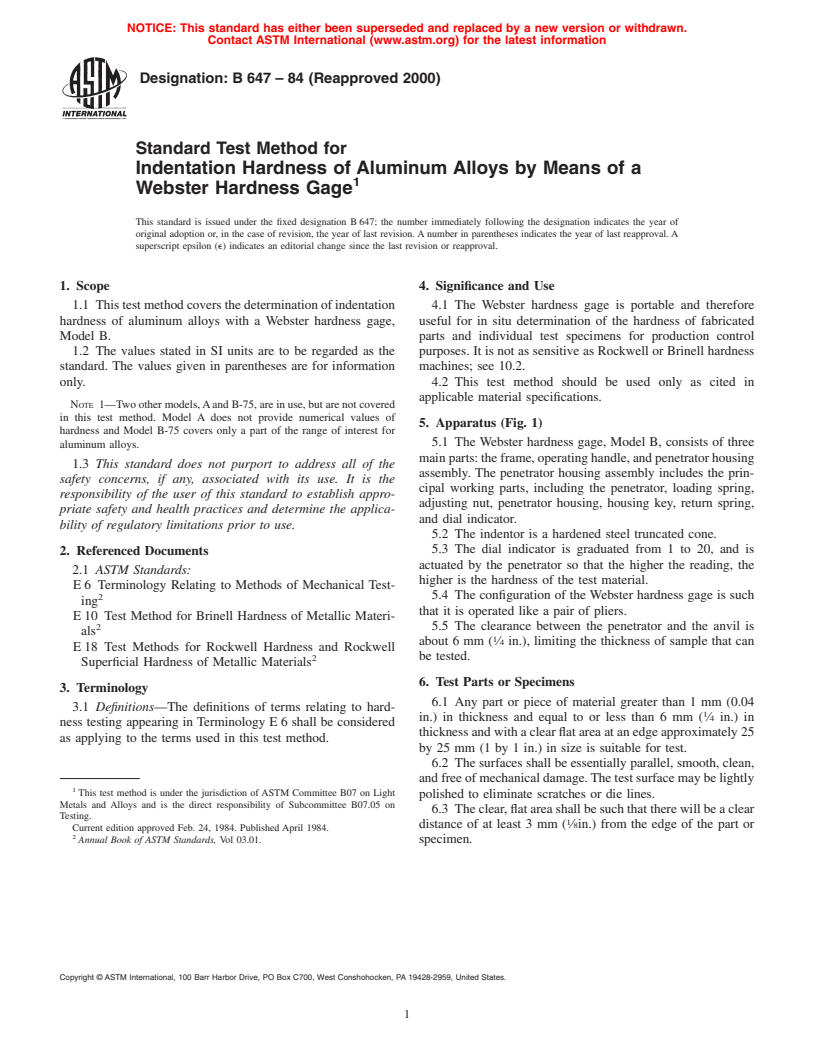 ASTM B647-84(2000) - Standard Test Method for Indentation Hardness of Aluminum Alloys by Means of a Webster Hardness Gage