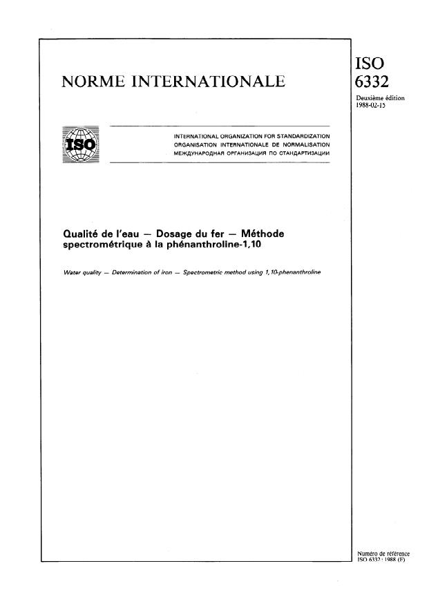 ISO 6332:1988 - Qualité de l'eau -- Dosage du fer -- Méthode spectrométrique a la phénanthroline-1,10