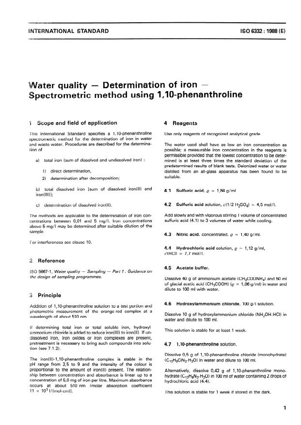 ISO 6332:1988 - Water quality -- Determination of iron -- Spectrometric method using 1,10-phenanthroline