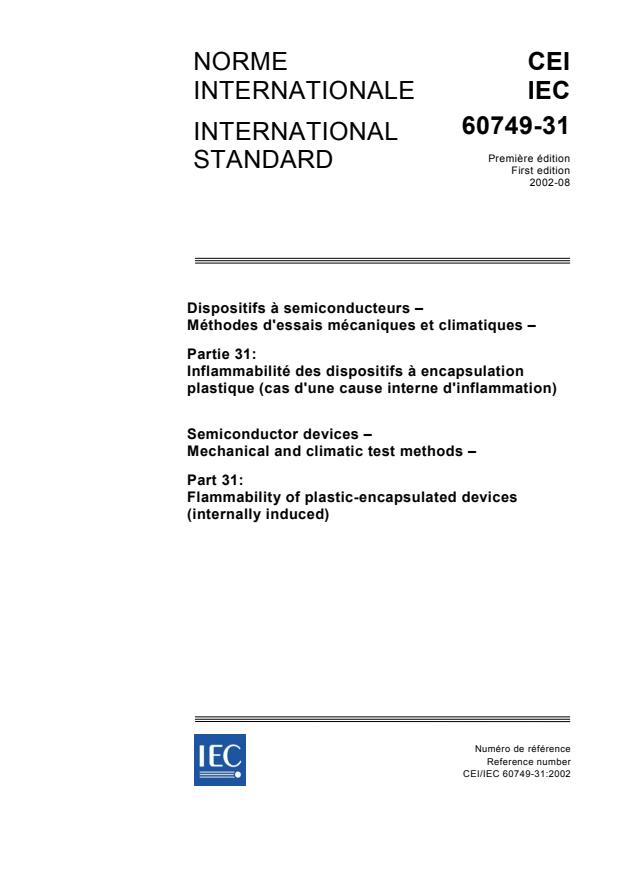 IEC 60749-31:2002 - Semiconductor devices - Mechanical and climatic test methods - Part 31: Flammability of plastic-encapsulated devices (internally induced)