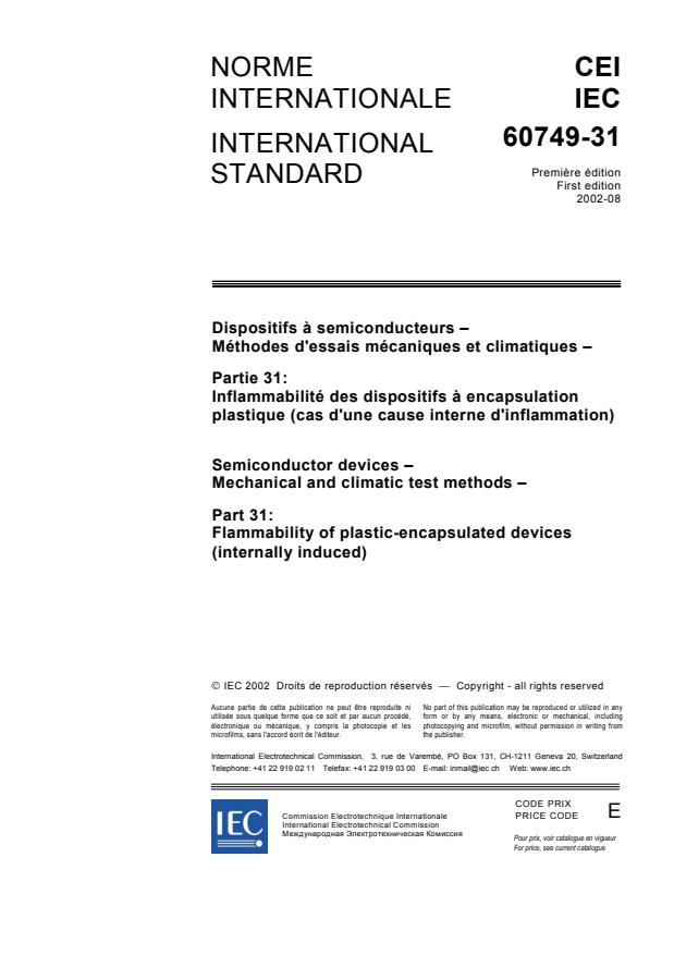 IEC 60749-31:2002 - Semiconductor devices - Mechanical and climatic test methods - Part 31: Flammability of plastic-encapsulated devices (internally induced)