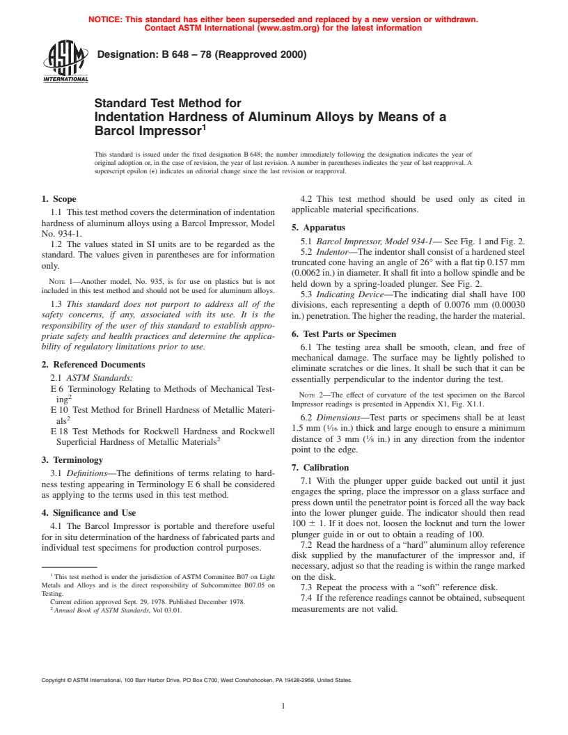 ASTM B648-78(2000) - Standard Test Method for Indentation Hardness of Aluminum Alloys by Means of a Barcol Impressor