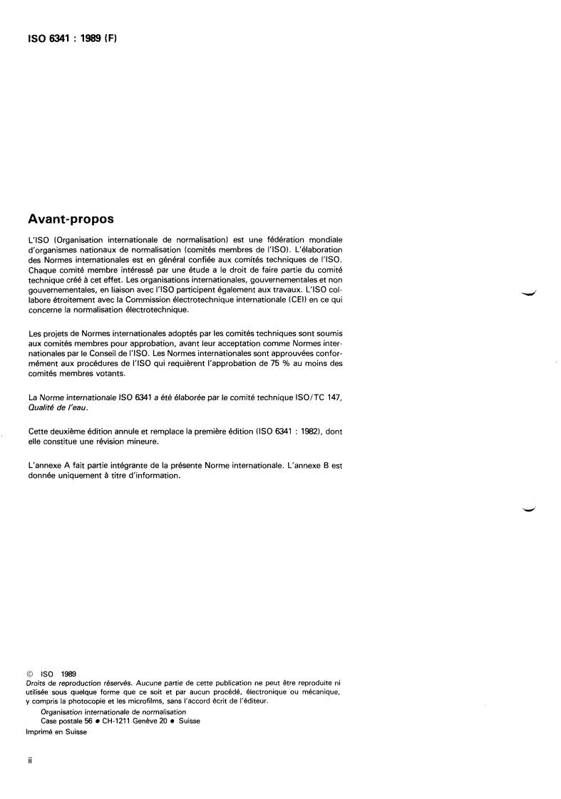 ISO 6341:1989 ISO 6341:1989 - Water quality — Determination of the inhibition of the mobility of Daphnia magna Straus (Cladocera, Crustacea)
Released:9/21/1989 - Page 2 preview