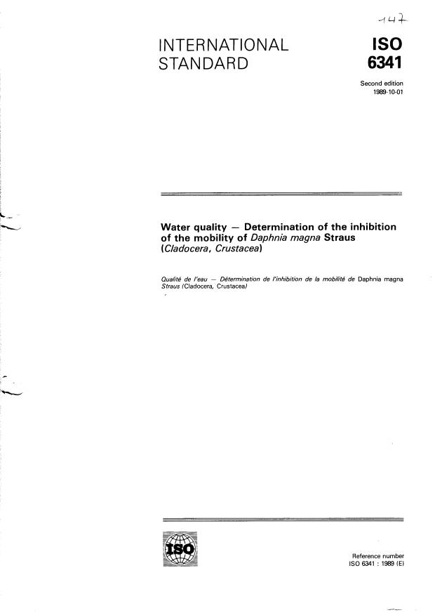 ISO 6341:1989 - Water quality -- Determination of the inhibition of the mobility of Daphnia magna Straus (Cladocera, Crustacea)