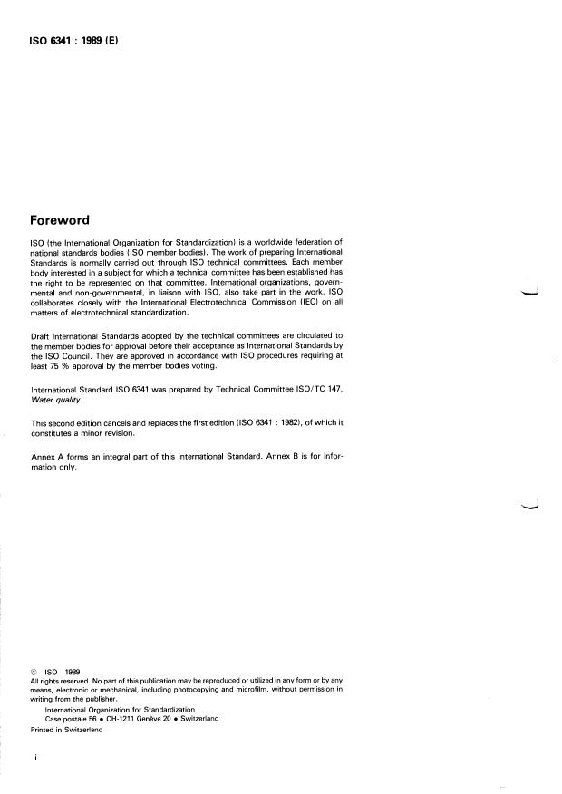 ISO 6341:1989 ISO 6341:1989 - Water quality -- Determination of the inhibition of the mobility of Daphnia magna Straus (Cladocera, Crustacea) - Page 2 preview