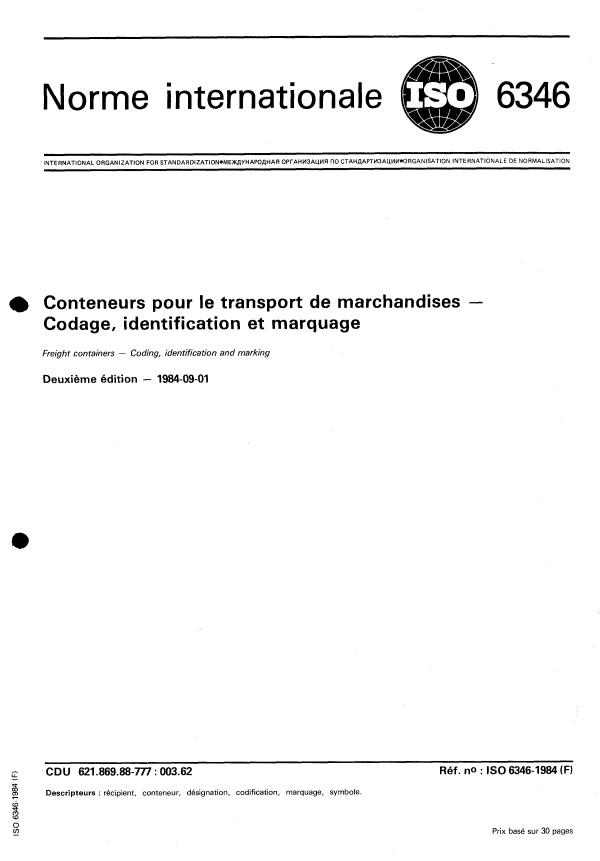 ISO 6346:1984 - Conteneurs pour le transport de marchandises -- Codage, identification et marquage