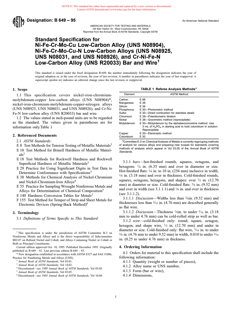 ASTM B649-95 - Standard Specification for Ni-Fe-Cr-Mo-Cu Low-Carbon Alloy (UNS N08904), Ni-Fe-Cr-Mo-Cu-N Low-Carbon Alloys (UNS N08925, UNS N08031, and UNS N08926), and Cr-Ni-Fe-N Low-Carbon Alloy (UNS R20033) Bar and Wire