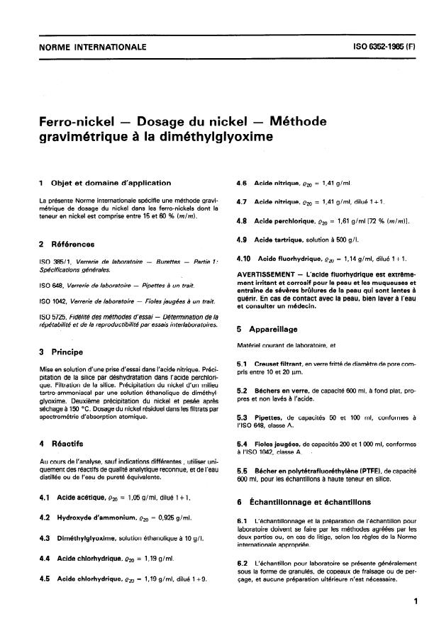 ISO 6352:1985 - Ferro-nickel -- Dosage du nickel -- Méthode gravimétrique a la diméthylglyoxime