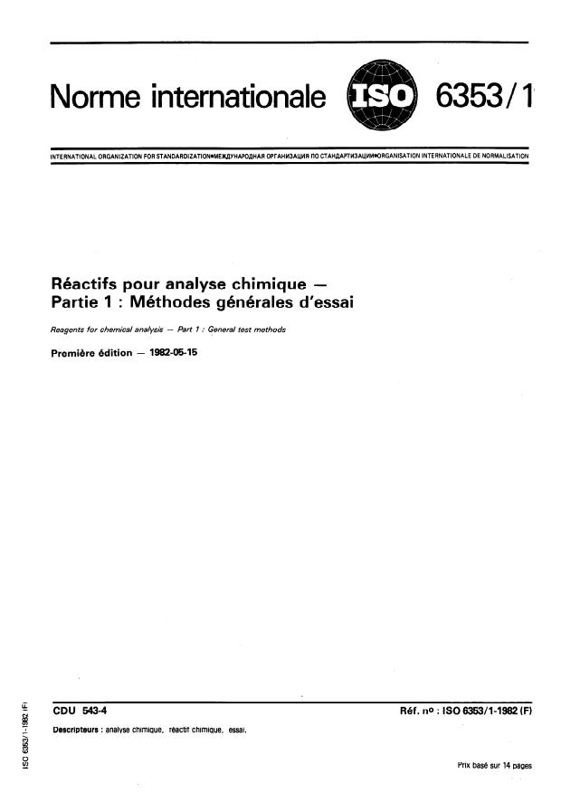 ISO 6353-1:1982 - Réactifs pour analyse chimique