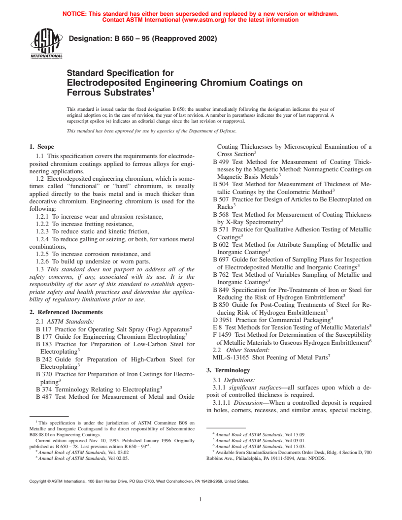 ASTM B650-95(2002) - Standard Specification for Electrodeposited Engineering Chromium Coatings on Ferrous Substrates