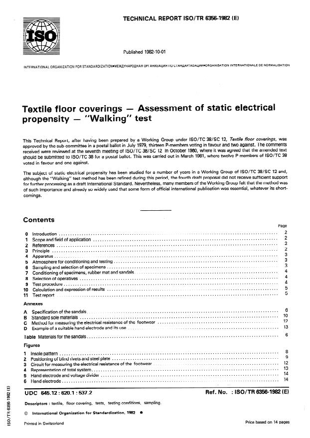 ISO/TR 6356:1982 - Textile floor coverings -- Assessment of static electrical propensity -- "Walking" test