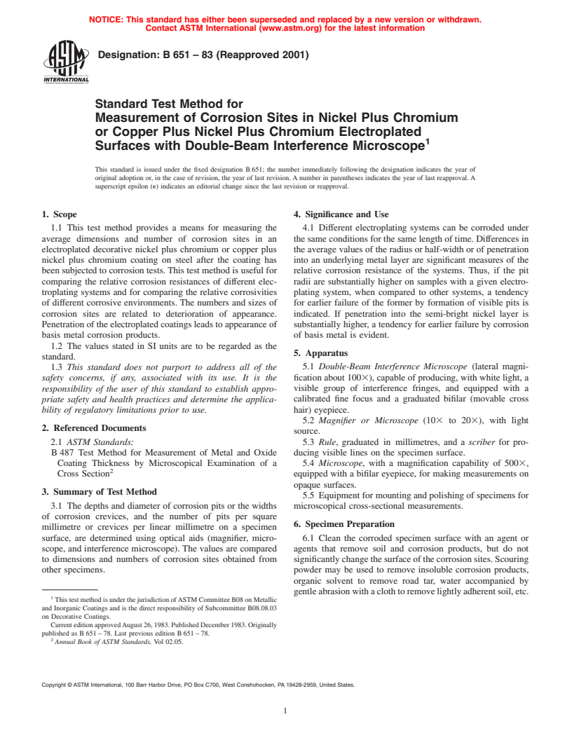 ASTM B651-83(2001) - Standard Test Method for Measurement of Corrosion Sites in Nickel Plus Chromium or Copper Plus Nickel Plus Chromium Electroplated Surfaces with the Double-Beam Interference Microscope