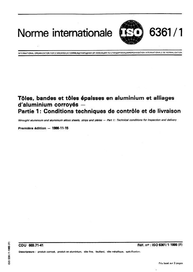 ISO 6361-1:1986 - Tôles, bandes et tôles épaisses en aluminium et alliages d'aluminium corroyés