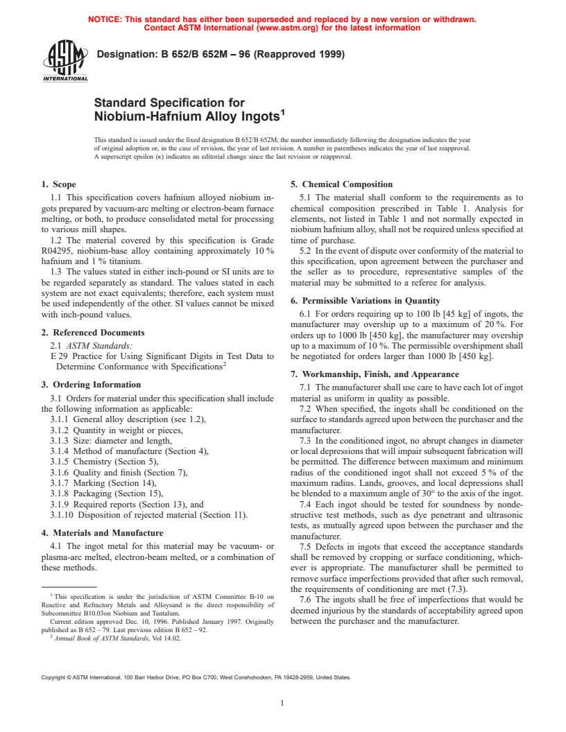 ASTM B652/B652M-96(1999) - Standard Specification for Niobium-Hafnium Alloy Ingots