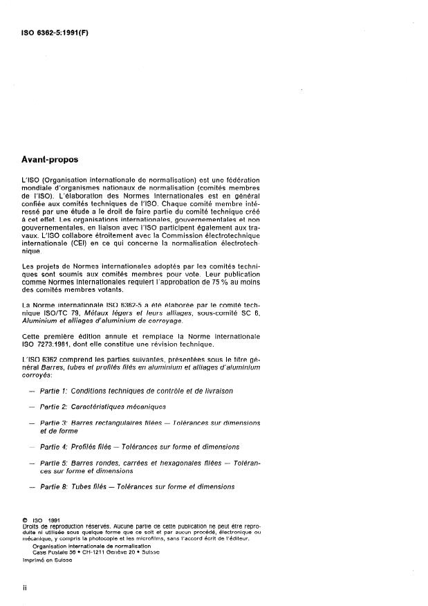 ISO 6362-5:1991 ISO 6362-5:1991 - Barres, tubes et profilés filés en aluminium et alliages d'aluminium corroyés - Page 2 preview