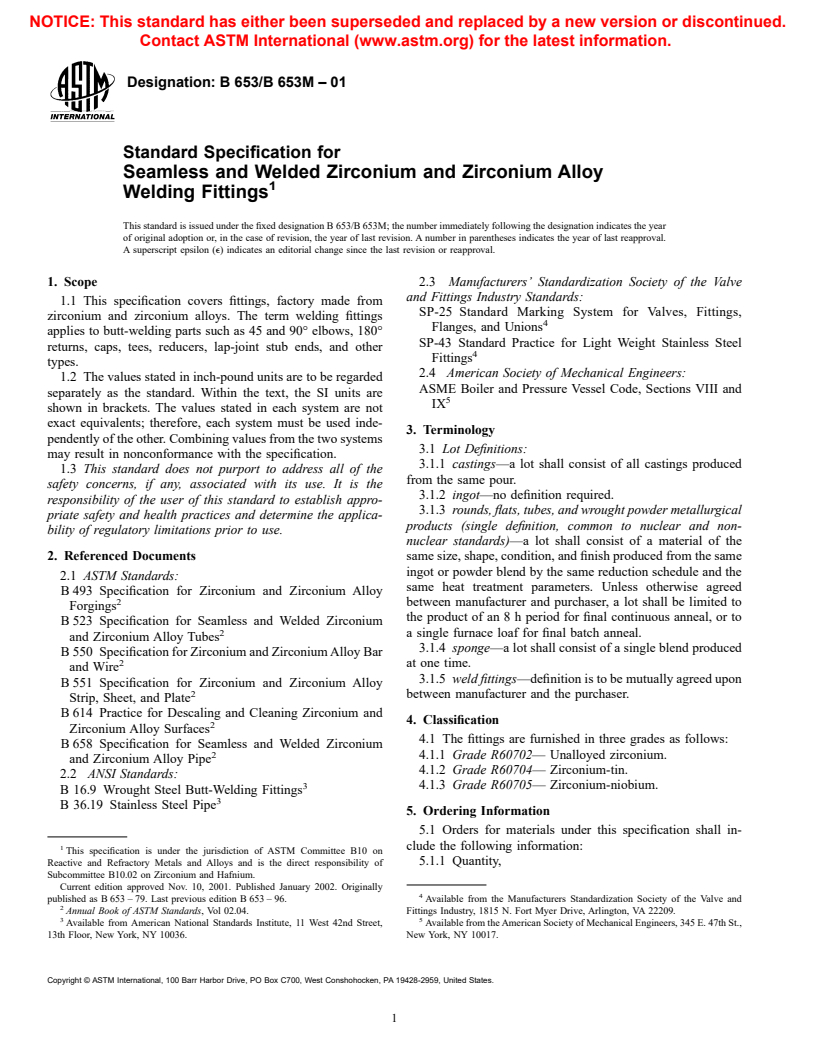 ASTM B653/B653M-01 - Standard Specification for Seamless and Welded Zirconium and Zirconium Alloy Welding Fittings