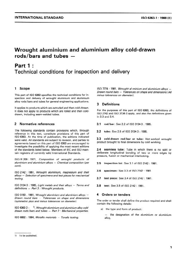 ISO 6363-1:1988 - Wrought aluminium and aluminium alloy cold-drawn rods/bars and tubes