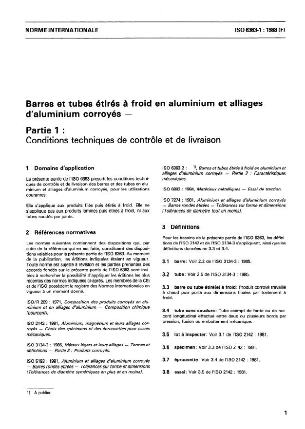 ISO 6363-1:1988 - Barres et tubes étirés a froid en aluminium et alliages d'aluminium corroyés