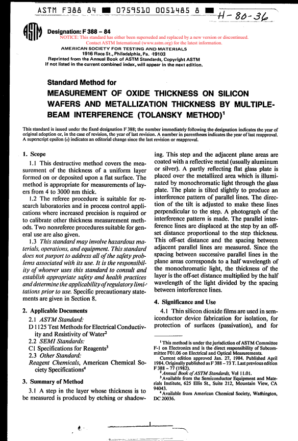 ASTM F388-84 - Method for Measurement of Oxide Thickness on Silicon Wafers and Metallization Thickness by Multiple-Beam Interference (Tolansky Method) (Withdrawn 1993)