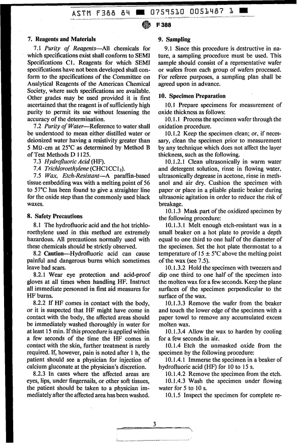 ASTM F388-84 - Method for Measurement of Oxide Thickness on Silicon Wafers and Metallization Thickness by Multiple-Beam Interference (Tolansky Method) (Withdrawn 1993)