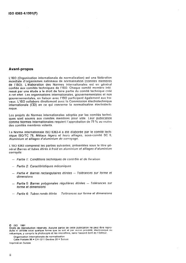 ISO 6363-4:1991 ISO 6363-4:1991 - Barres et tubes étirés a froid en aluminium et alliages d'aluminium corroyés - Page 2 preview