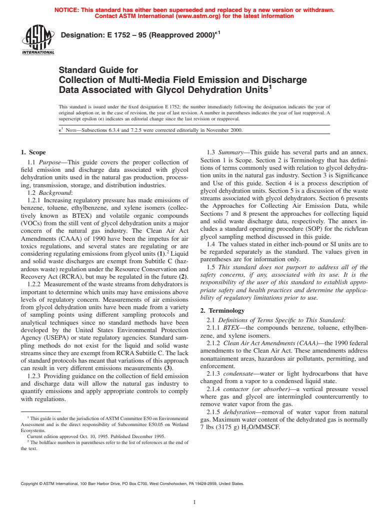 ASTM E1752-95(2000)e1 - Standard Guide for Collection of Multi-Media Field Emission and Discharge Data Associated with Glycol Dehydration Units (Withdrawn 2009)