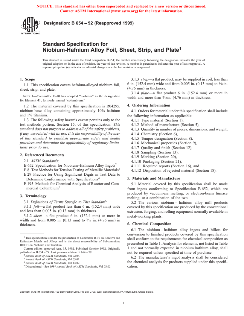 ASTM B654-92(1999) - Standard Specification for Niobium-Hafnium Alloy Foil, Sheet, Strip, and Plate