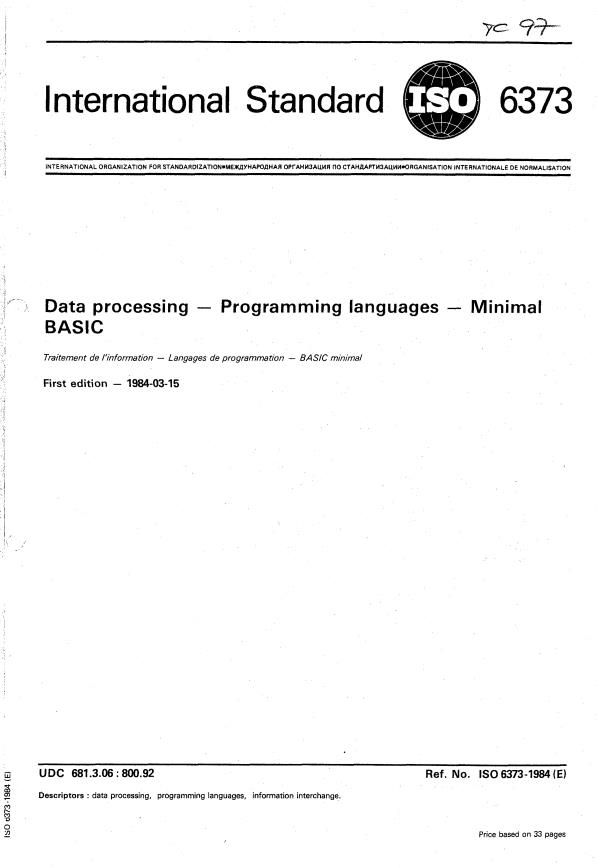 ISO 6373:1984 - Data processing -- Programming languages -- Minimal BASIC