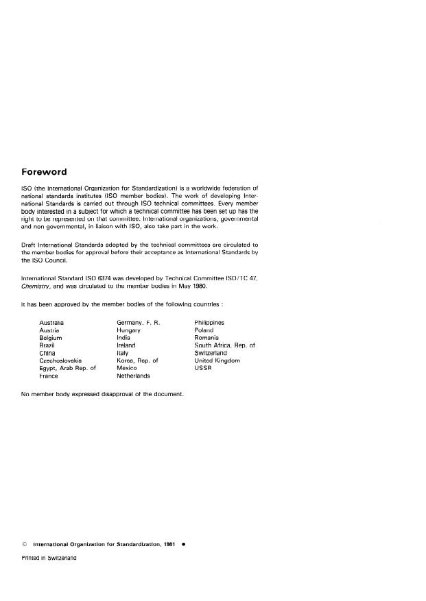 ISO 6374:1981 ISO 6374:1981 - Cryolite, natural and artificial, and aluminium fluoride for industrial use -- Determination of phosphorus content -- Atomic absorption spectrometric method after extraction - Page 2 preview