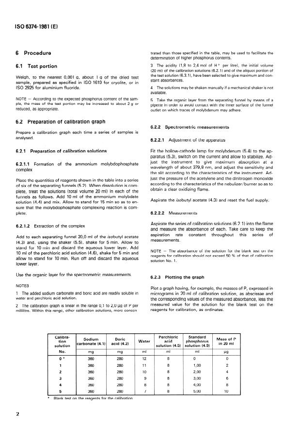ISO 6374:1981 ISO 6374:1981 - Cryolite, natural and artificial, and aluminium fluoride for industrial use -- Determination of phosphorus content -- Atomic absorption spectrometric method after extraction - Page 4 preview