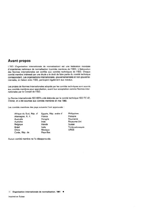 ISO 6374:1981 ISO 6374:1981 - Cryolithe, naturelle et artificielle, et fluorure d'aluminium a usage industriel -- Dosage du phosphore -- Méthode par spectrométrie d'absorption atomique apres extraction - Page 2 preview