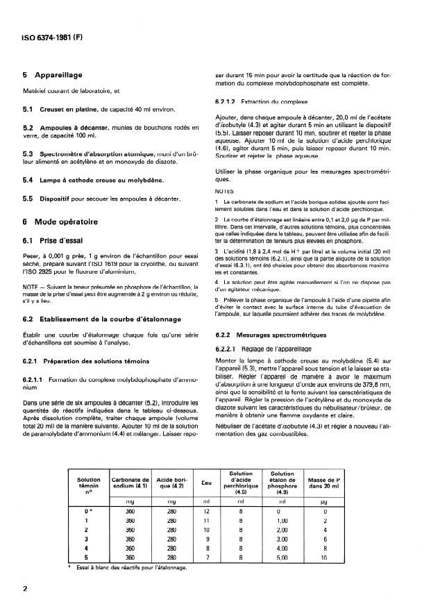 ISO 6374:1981 ISO 6374:1981 - Cryolithe, naturelle et artificielle, et fluorure d'aluminium a usage industriel -- Dosage du phosphore -- Méthode par spectrométrie d'absorption atomique apres extraction - Page 4 preview