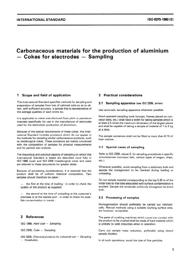 ISO 6375:1980 - Carbonaceous materials for the production of aluminium -- Coke for electrodes -- Sampling