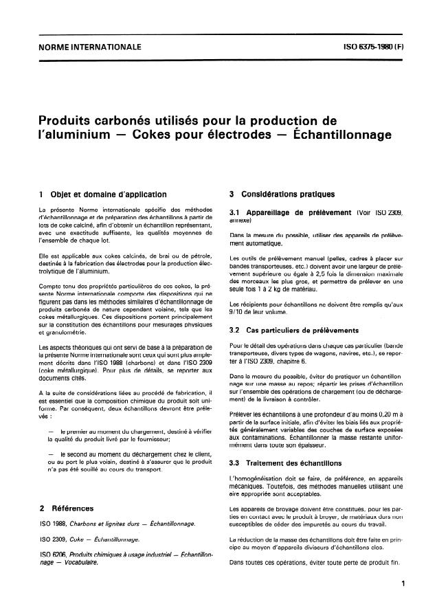 ISO 6375:1980 - Produits carbonés utilisés pour la production de l'aluminium -- Cokes pour électrodes -- Échantillonnage