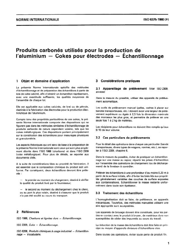 ISO 6375:1980 - Produits carbonés utilisés pour la production de l'aluminium -- Cokes pour électrodes -- Échantillonnage