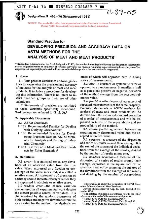 ASTM F465-76(1981) - Recommended Practice for Developing Precision and Accuracy Data on ASTM Method for the Analysis of Meat and Meat Products (Withdrawn 1993)