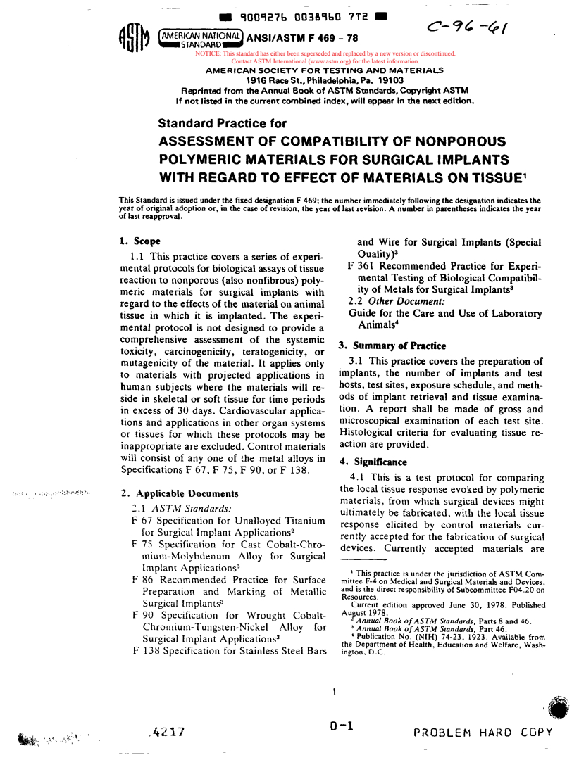 ASTM F469-78 - Practice for Assessment of Compatibility of Nonporous Polymeric Materials for Surgical Implants with Regard to Effect of Materials on Tissue (Withdrawn 1987)