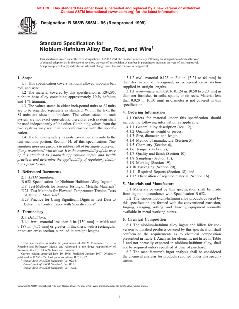 ASTM B655/B655M-96(1999) - Standard Specification for Niobium-Hafnium Alloy Bar, Rod, and Wire