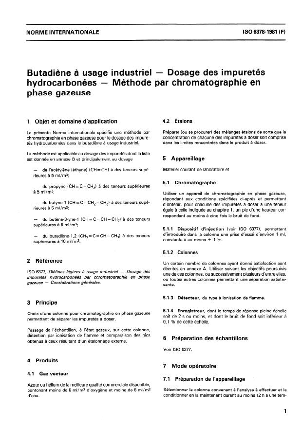 ISO 6378:1981 - Butadiene a usage industriel -- Détermination des impuretés hydrocarbonées - Méthode par chromatographie en phase gazeuse