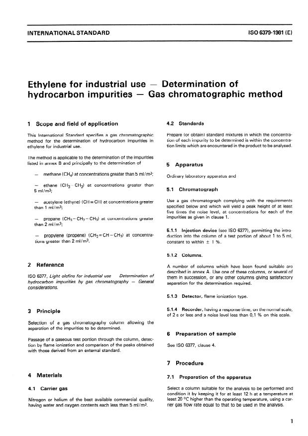 ISO 6379:1981 - Ethylene for industrial use -- Determination of hydrocarbon impurities -- Gas chromatographic method
