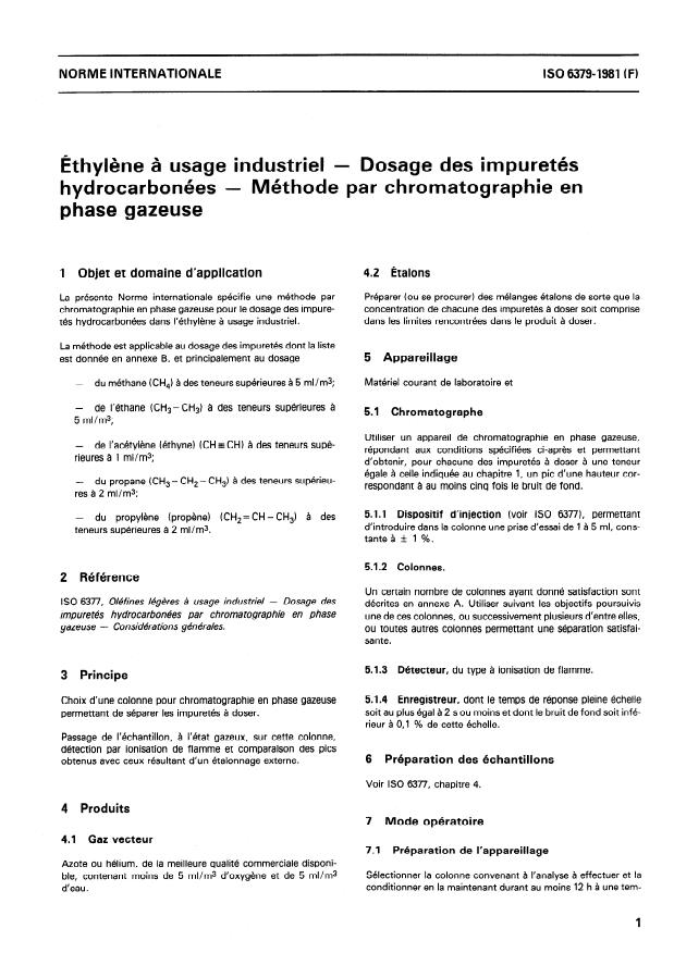 ISO 6379:1981 - Éthylene a usage industriel -- Dosage des impuretés hydrocarbonées -- Méthode par chromatographie en phase gazeuse