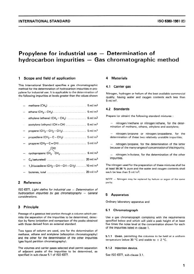 ISO 6380:1981 - Propylene for industrial use -- Determination of hydrocarbon impurities -- Gas chromatographic method