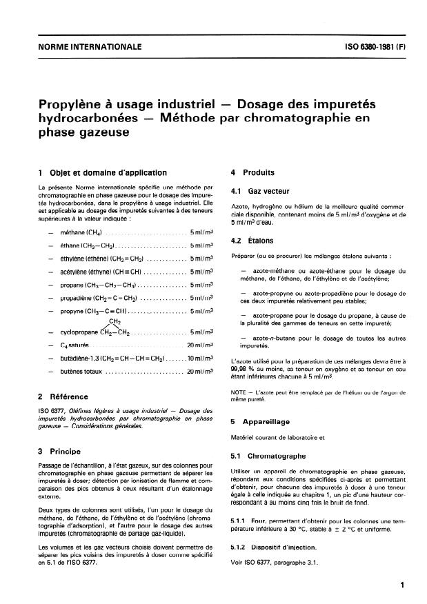 ISO 6380:1981 - Propylene a usage industriel -- Dosage des impuretés hydrocarbonées -- Méthode par chromatographie en phase gazeuse